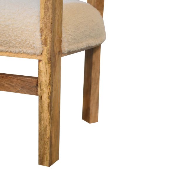 Solid Mango Wood Oak Finished Boucle Upholstered Cream Chair - Image 6