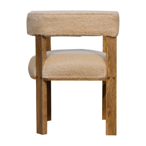 Solid Mango Wood Oak Finished Boucle Upholstered Cream Chair - Image 7