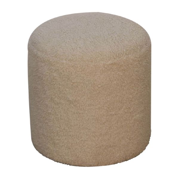 Solid Mango Wood Cream Boucle Upholstered Round Footstool - Image 3