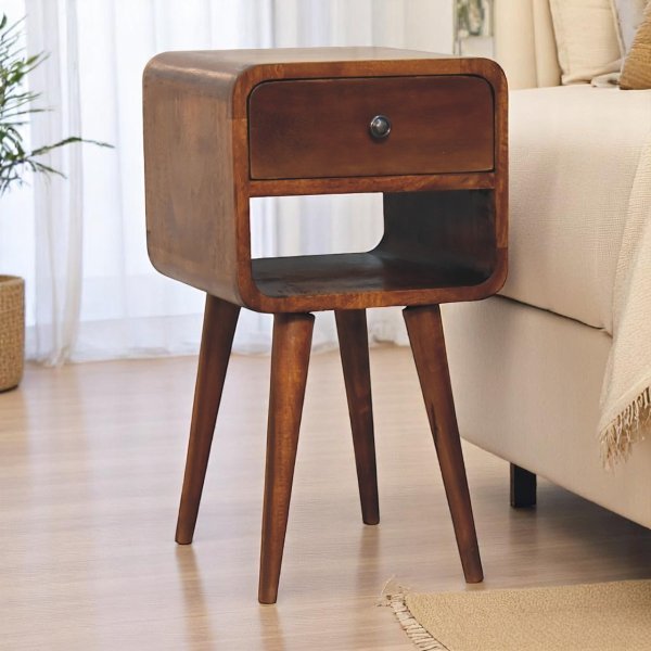 Solid Mango Wood Chestnut Finished 1 Drawer Mini Curved Bedside