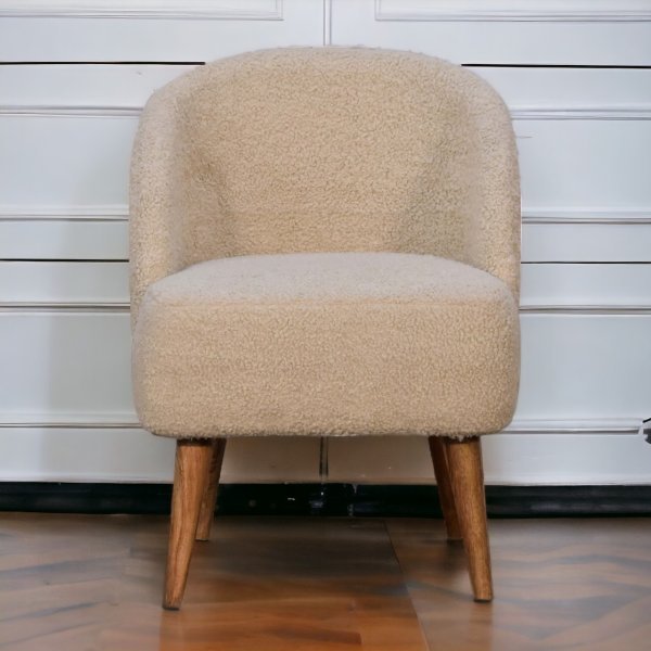 Solid Mango Wood Oak Finished Cream Boucle Upholstered Tub Chair
