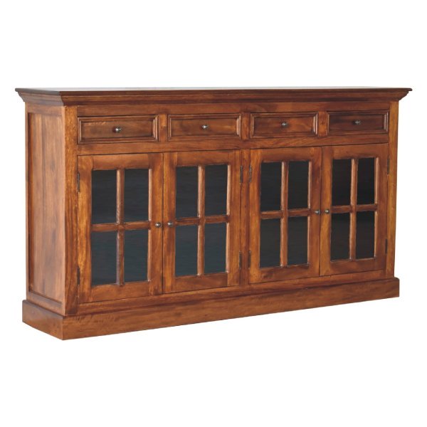 Solid Mango Wood Chestnut Finished 4 Drawer 4 Glass Doors Large Sideboard - Image 3