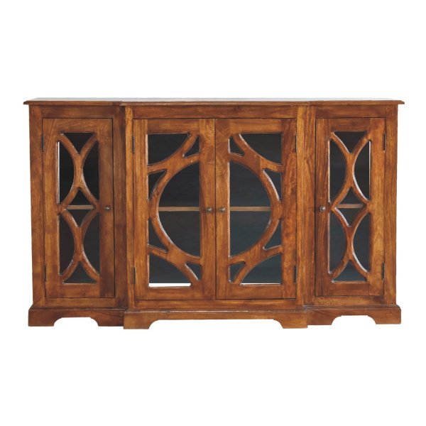 Solid Mango Wood Chestnut Finished 4 Glass Doors 4 Drawers Carved Sideboard