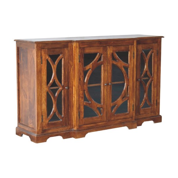 Solid Mango Wood Chestnut Finished 4 Glass Doors 4 Drawers Carved Sideboard - Image 3