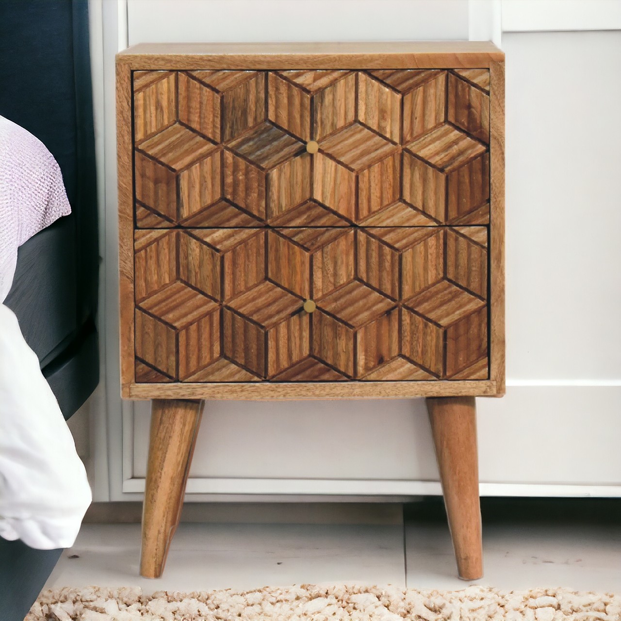 Solid Mango Wood Oak Finished 2 Drawer Cubana Bedside