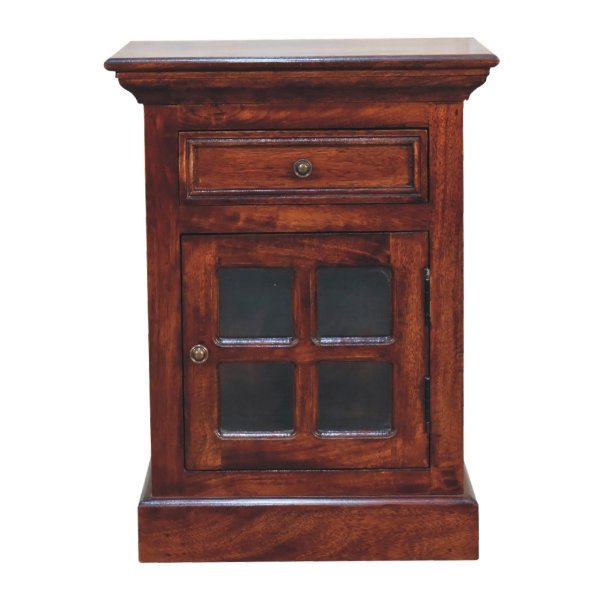 Solid Mango Wood Cherry Finished 1 Drawer 1 Glass Door Bedside