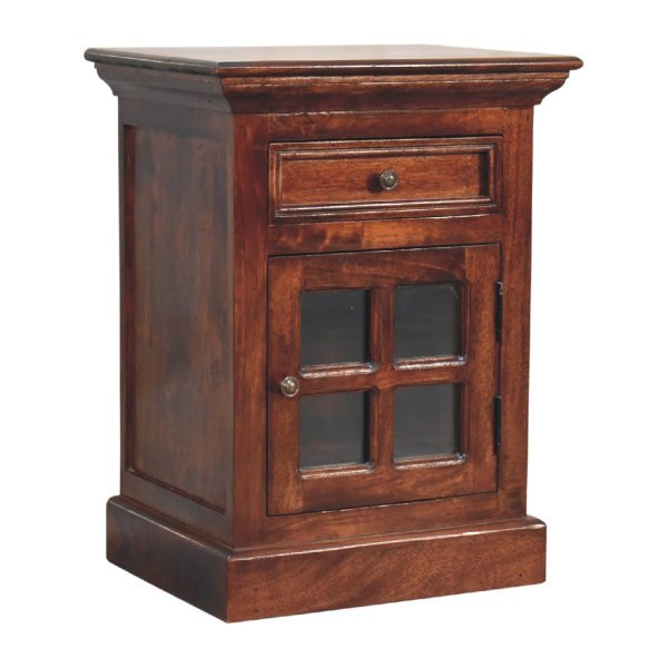 Solid Mango Wood Cherry Finished 1 Drawer 1 Glass Door Bedside - Image 3