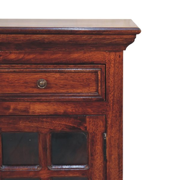 Solid Mango Wood Cherry Finished 1 Drawer 1 Glass Door Bedside - Image 4