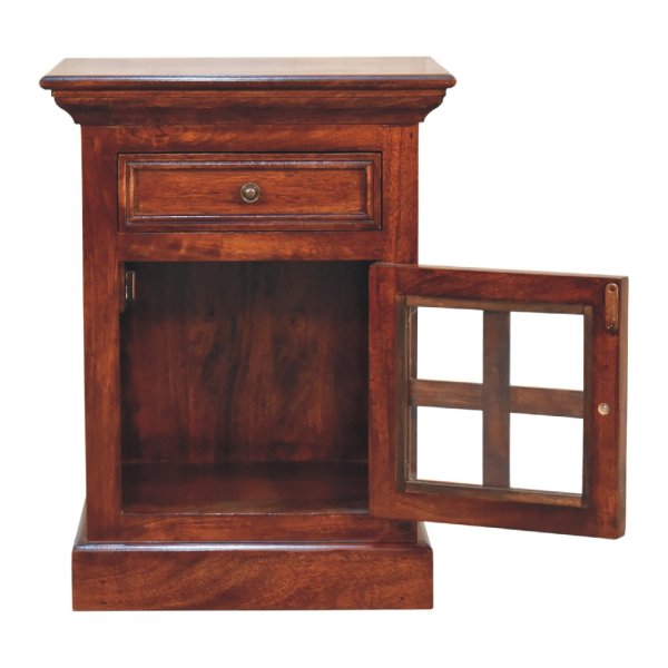 Solid Mango Wood Cherry Finished 1 Drawer 1 Glass Door Bedside - Image 8