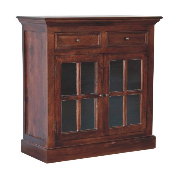 Solid Mango Wood Cherry Finished 2 Glass Doors 2 Drawers Cabinet - Image 3