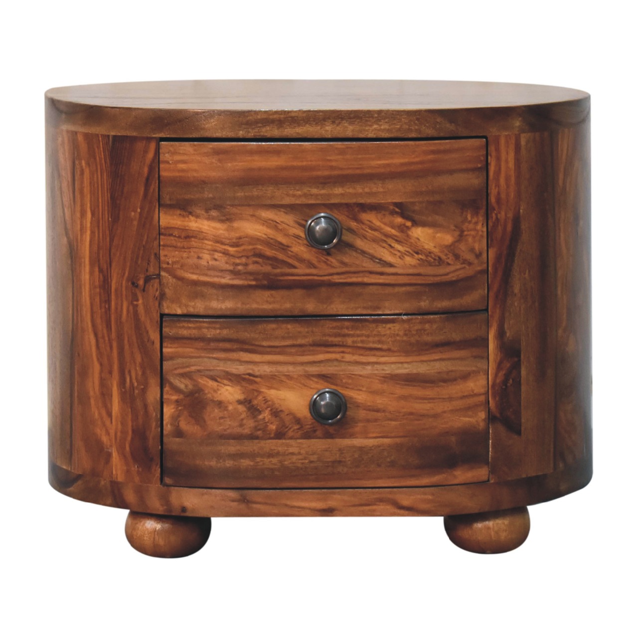Solid Sheesham Wood Honey Caramel 2 Drawer Rounded Bedside with Bun Feet