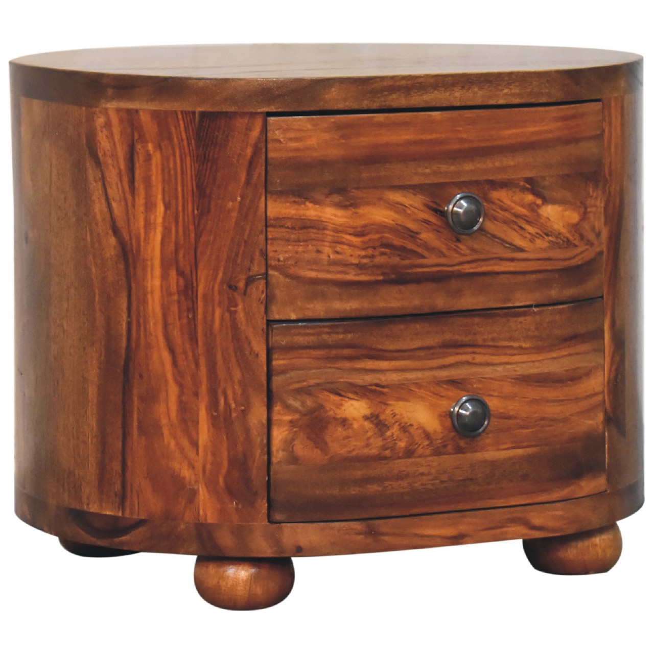 Solid Sheesham Wood Honey Caramel 2 Drawer Rounded Bedside with Bun Feet - Image 3