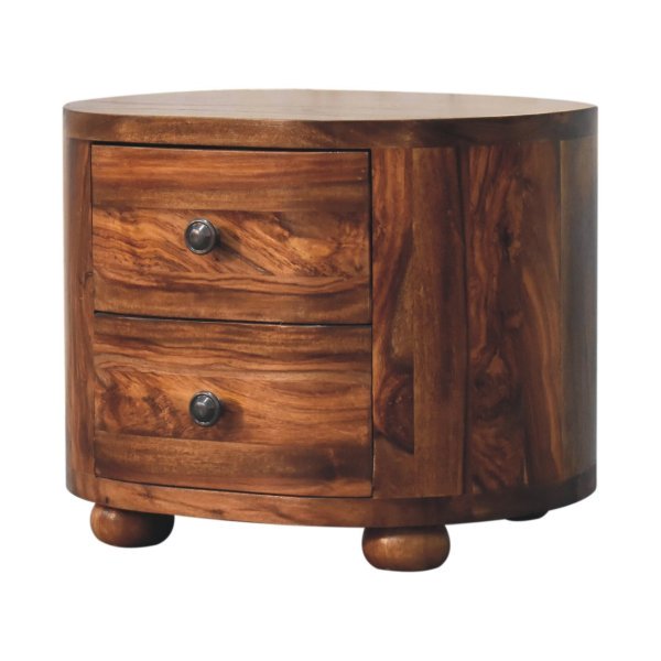Solid Sheesham Wood Honey Caramel 2 Drawer Rounded Bedside with Bun Feet - Image 2