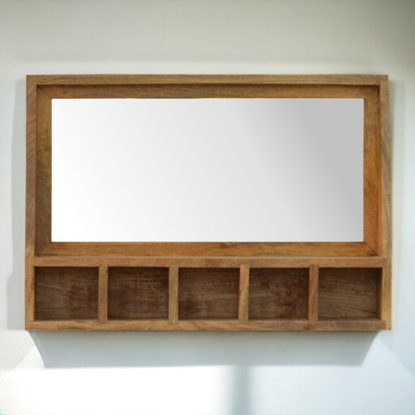 Solid Mango Wood Natural Finished 5 Slot Floating Unit with Mirror