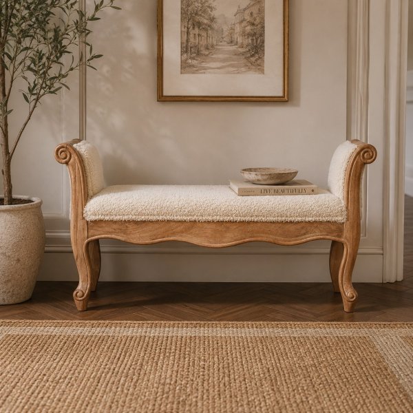 Solid Mango Wood Oak Finished Cream Boucle French Style Bench