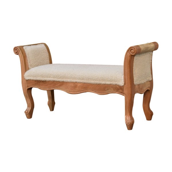 Solid Mango Wood Oak Finished Cream Boucle French Style Bench - Image 2