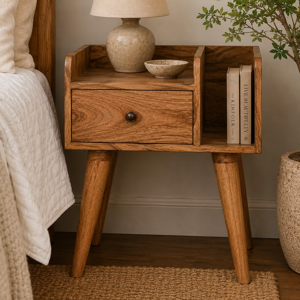 Mango Wood Oak Finished 1 Drawer 1 Slot Collective Bedside
