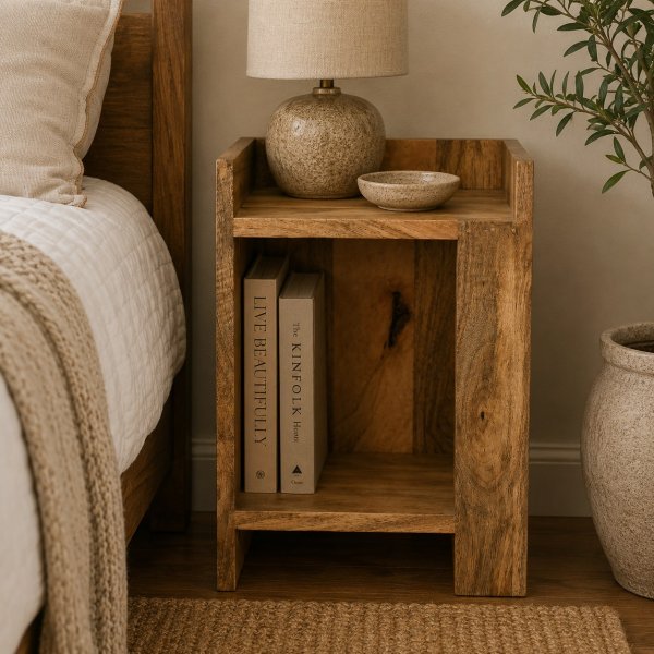 Solid Mango Wood Oak Finished Box Bedside