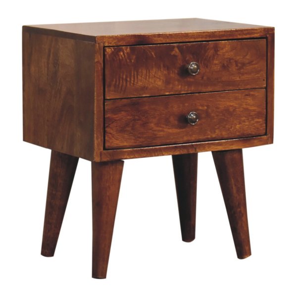Solid Mango Wood Chestnut Finished 2 Drawer Mini Modern Bedside - Image 2