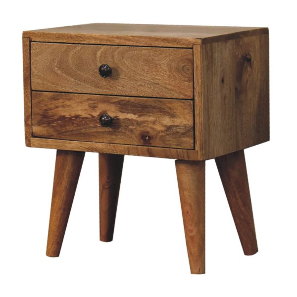 Solid Mango Wood Oak Finished 2 Drawer Mini Modern Bedside - Image 3