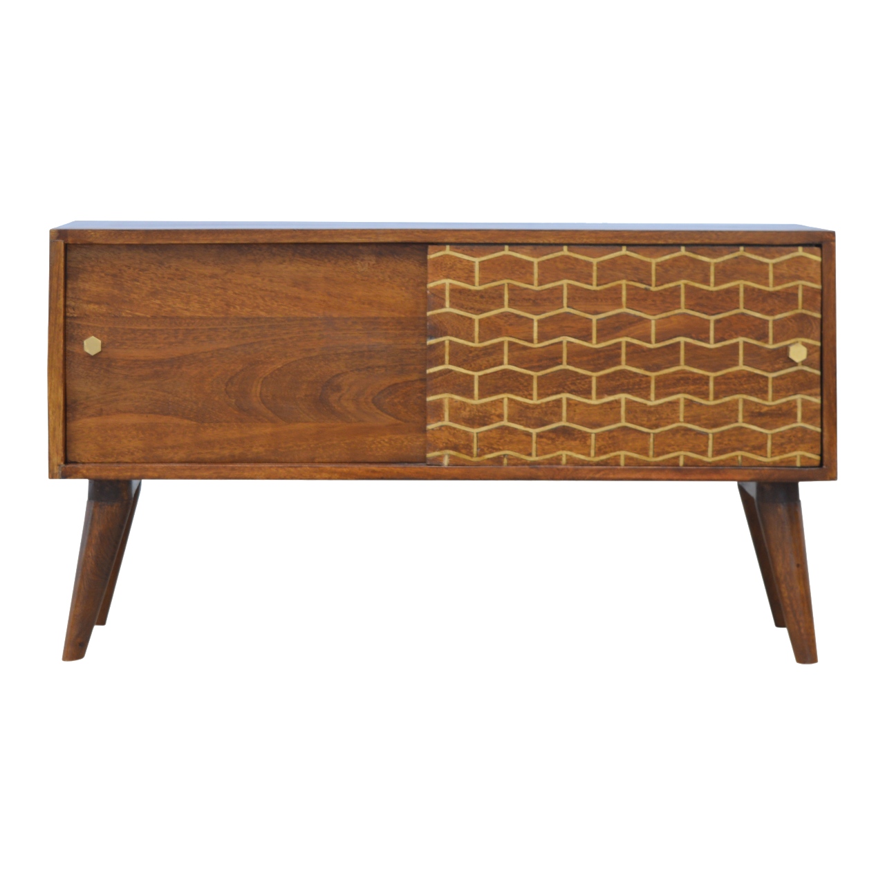 Solid Mango Wood Chestnut Finished 2 Door Gold Art Pattern Sideboard