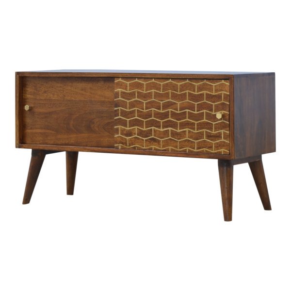 Solid Mango Wood Chestnut Finished 2 Door Gold Art Pattern Sideboard - Image 2