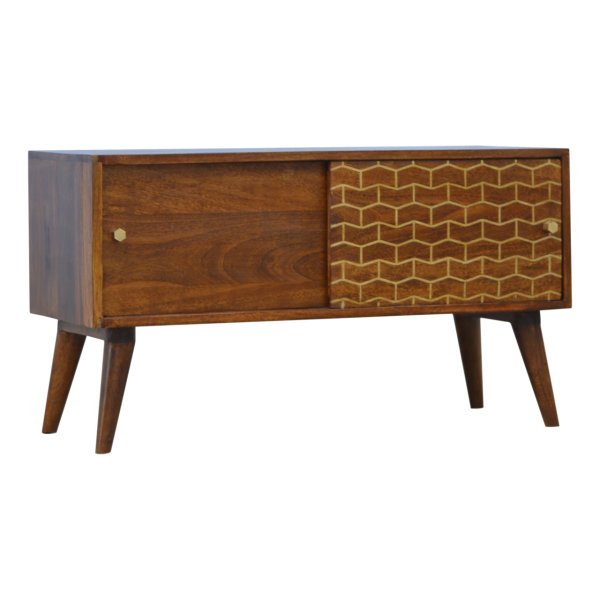 Solid Mango Wood Chestnut Finished 2 Door Gold Art Pattern Sideboard - Image 3