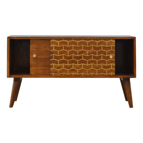 Solid Mango Wood Chestnut Finished 2 Door Gold Art Pattern Sideboard - Image 7