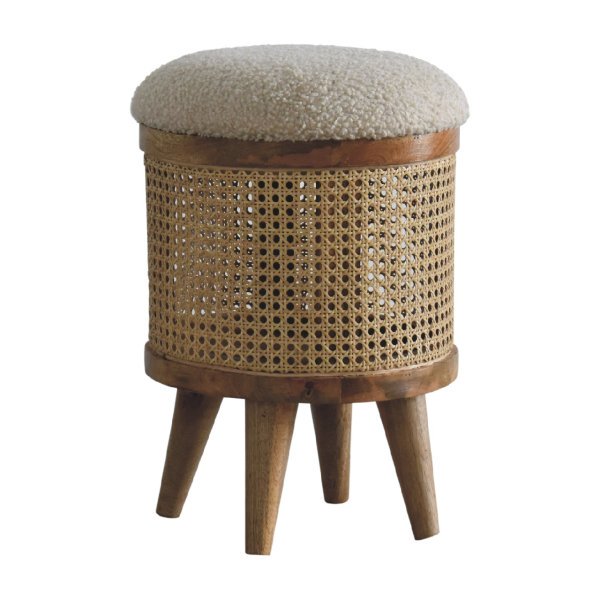 Solid Mango Wood Natural Finished Rattan Larissa Footstool with Boucle Seat - Image 2