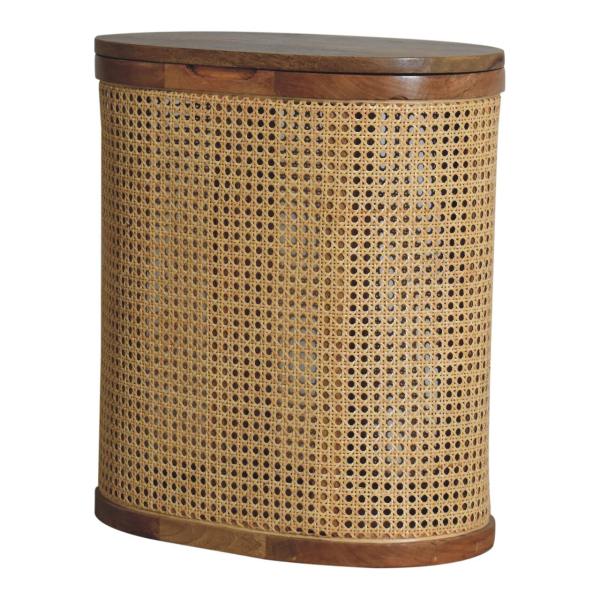 Solid Mango Wood Oak Finished Rattan Larissa Lid-up Storage Stool - Image 2