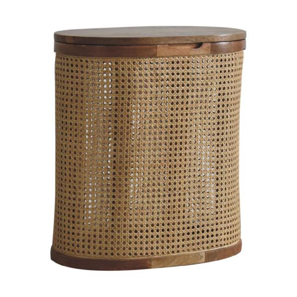 Solid Mango Wood Oak Finished Rattan Larissa Lid-up Storage Stool - Image 3