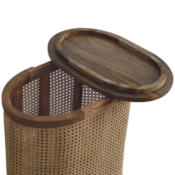 Solid Mango Wood Oak Finished Rattan Larissa Lid-up Storage Stool - Image 6