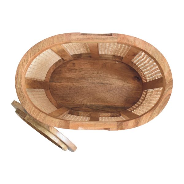 Solid Mango Wood Oak Finished Rattan Larissa Lid-up Storage Stool - Image 9