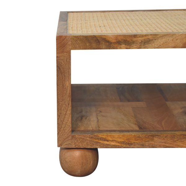 Solid Mango Wood Oak Finished Larissa Rattan Small Coffee Table with Ball Feet - Image 3