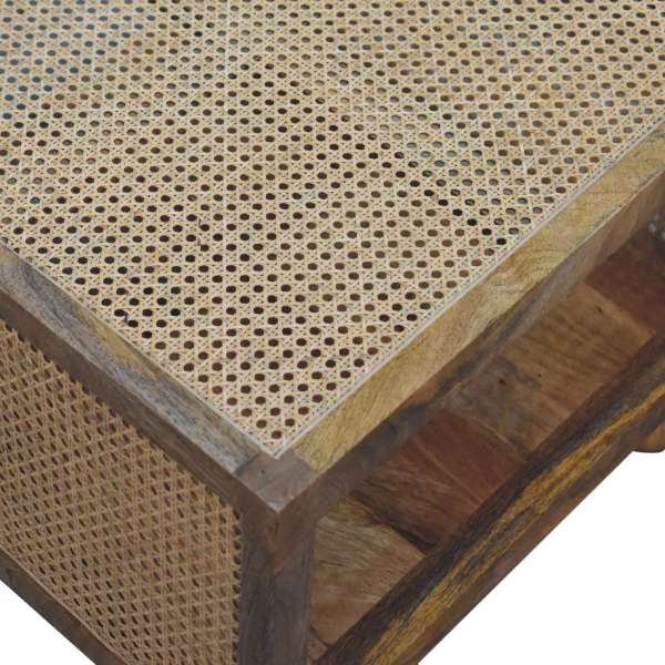 Solid Mango Wood Oak Finished Larissa Rattan Small Coffee Table with Ball Feet - Image 4