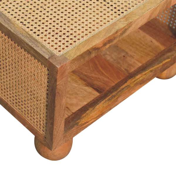Solid Mango Wood Oak Finished Larissa Rattan Small Coffee Table with Ball Feet - Image 5