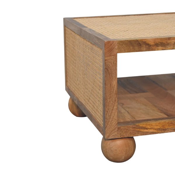 Solid Mango Wood Oak Finished Larissa Rattan Small Coffee Table with Ball Feet - Image 7