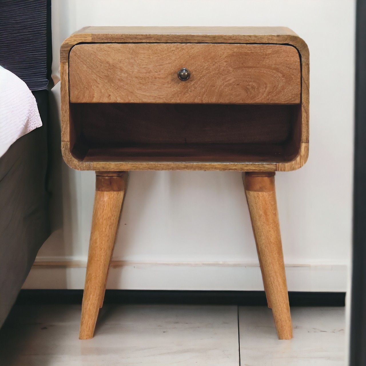 Solid Mango Wood Oak Finished 1 Drawer 1 Slot Curved Bedside