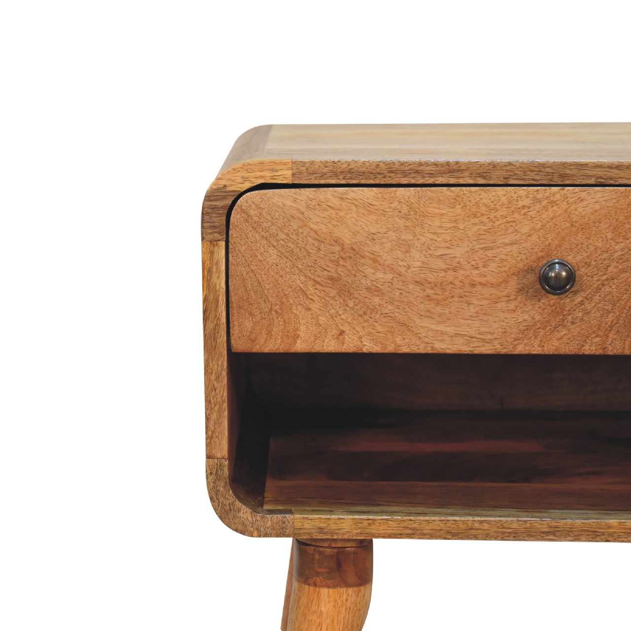 Solid Mango Wood Oak Finished 1 Drawer 1 Slot Curved Bedside - Image 4