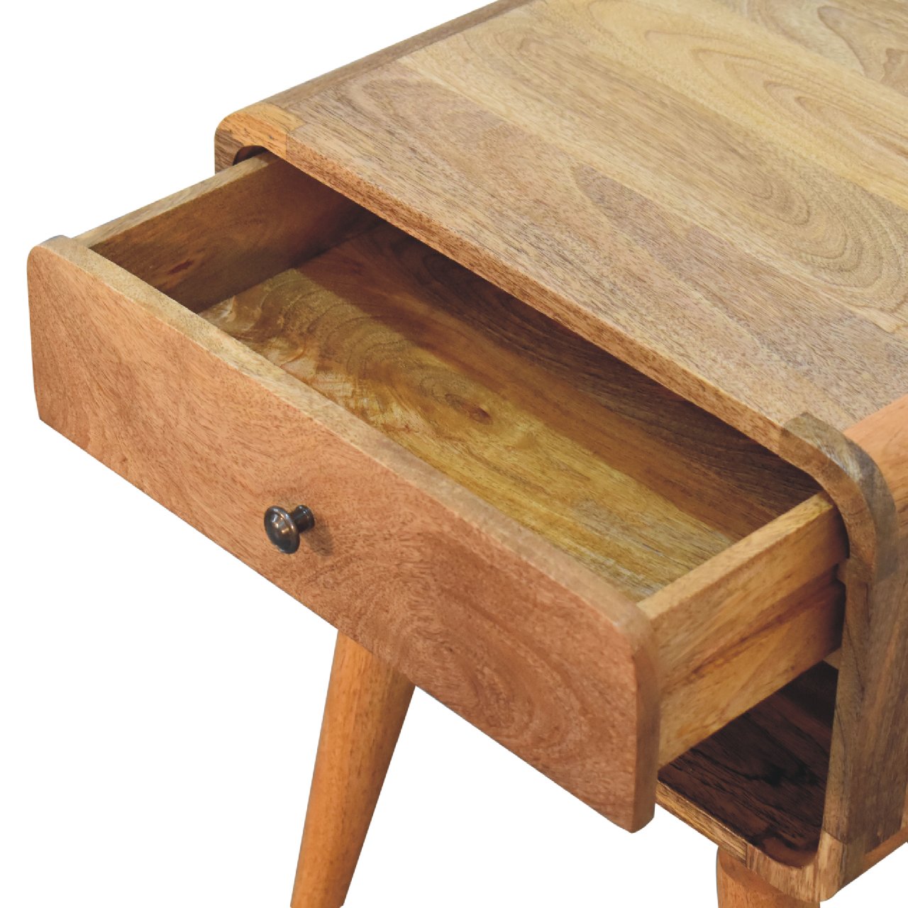 Solid Mango Wood Oak Finished 1 Drawer 1 Slot Curved Bedside - Image 6