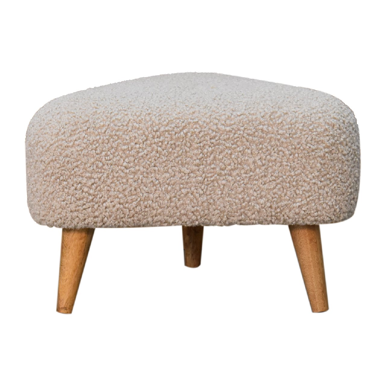 Solid Mango Wood Oak Finished Cream Boucle Upholstered Triangle Footstool - Image 4