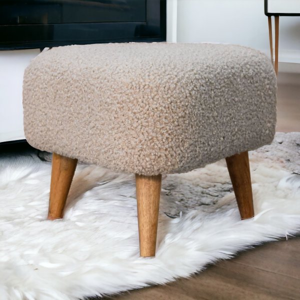 Solid Mango Wood Oak Finished Cream Boucle Upholstered Triangle Footstool