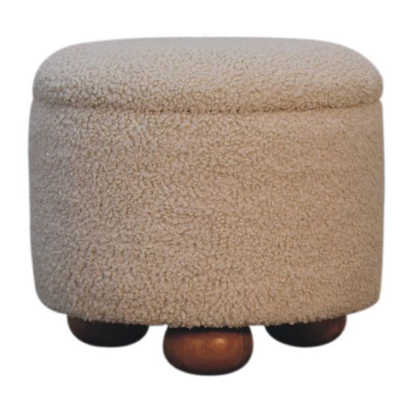 Solid Mango Wood Cream Boucle Upholstered Storage Footstool - Image 2