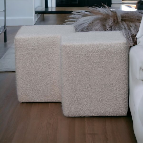 Solid Mango Wood White Boucle Twin Footstool