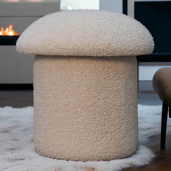 Solid Mango Wood Cream Boucle Mushroom Footstool