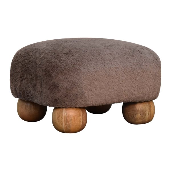 Solid Mango Wood Oak Finished Mocha Faux Fur Nordic Footstool - Image 2