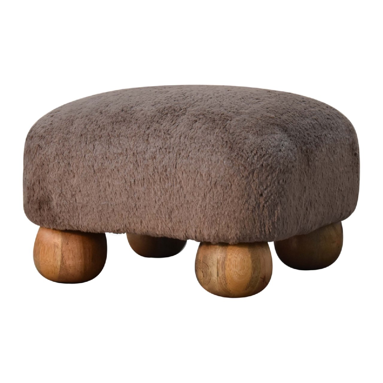 Solid Mango Wood Oak Finished Mocha Faux Fur Nordic Footstool - Image 3