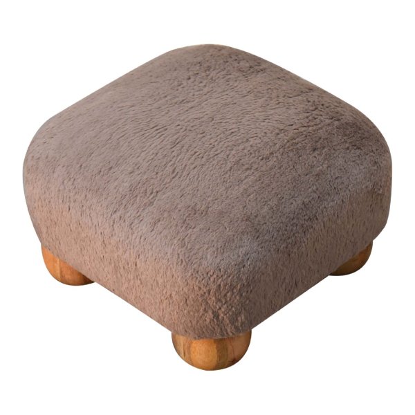 Solid Mango Wood Oak Finished Mocha Faux Fur Nordic Footstool - Image 4
