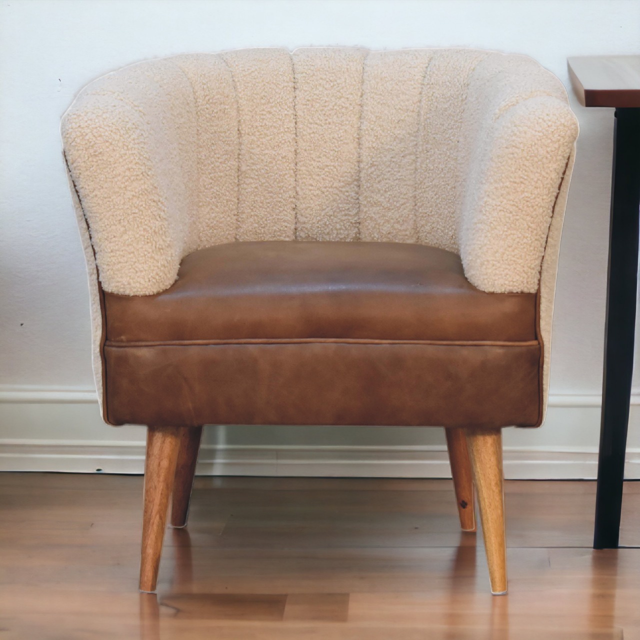 Solid Mango Wood Boucle Cream & Leather Armchair