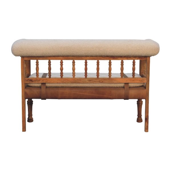 Solid Mango Wood Oak Finished Cream Boucle & Leather Bench - Image 10